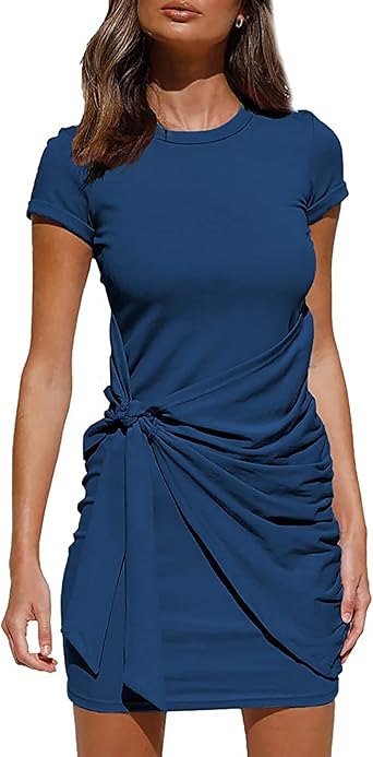BTFBM Women 2025 Spring Casual Short Sleeve Ruched Bodycon Tank T Shirt Dress Tie Waist Sun Beach Summer Mini Dresses