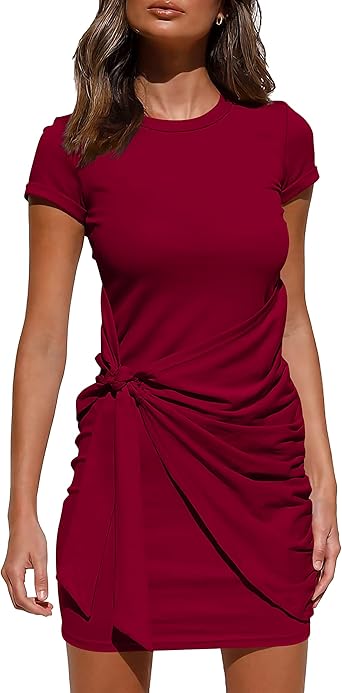 BTFBM Women 2025 Spring Casual Short Sleeve Ruched Bodycon Tank T Shirt Dress Tie Waist Sun Beach Summer Mini Dresses