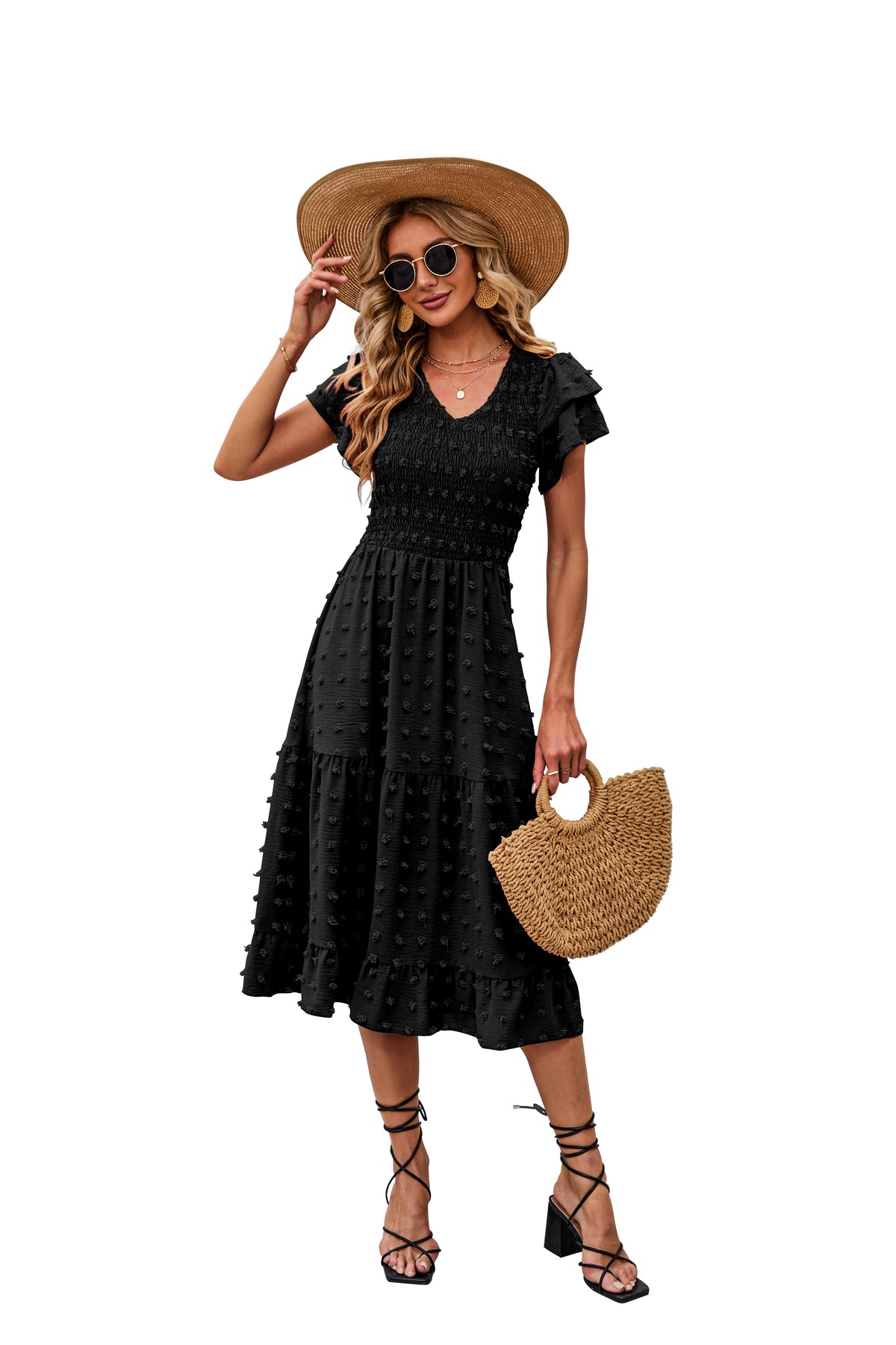 BTFBM Women Casual Summer Dresses Wedding Guest Dress  Ruffles Tiered Sleeves, Smocked,V Neck,Midi,Boho Dress,Floral,Solid,Homecoming,Cocktail,Party,Beach Vacation Clothes