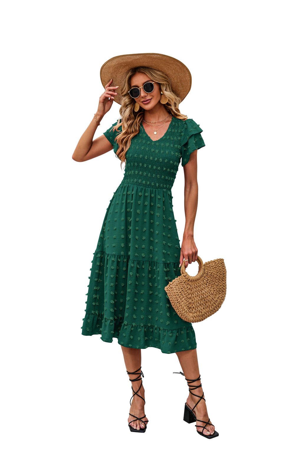 BTFBM Women Casual Summer Dresses Wedding Guest Dress  Ruffles Tiered Sleeves, Smocked,V Neck,Midi,Boho Dress,Floral,Solid,Homecoming,Cocktail,Party,Beach Vacation Clothes