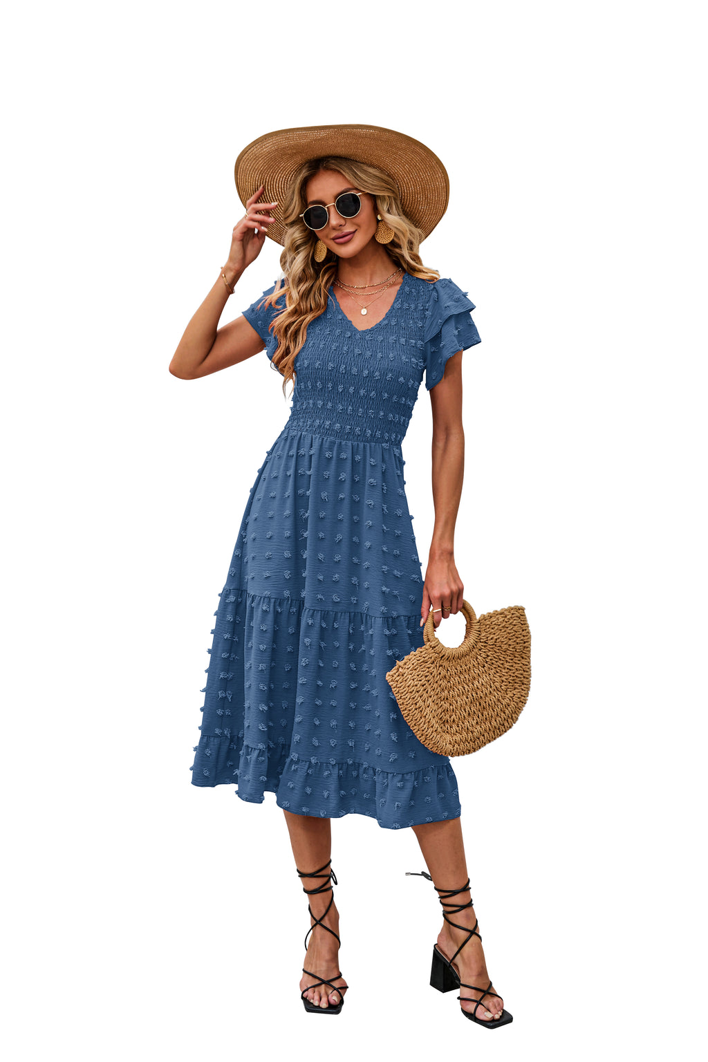 BTFBM Women Casual Summer Dresses Wedding Guest Dress  Ruffles Tiered Sleeves, Smocked,V Neck,Midi,Boho Dress,Floral,Solid,Homecoming,Cocktail,Party,Beach Vacation Clothes