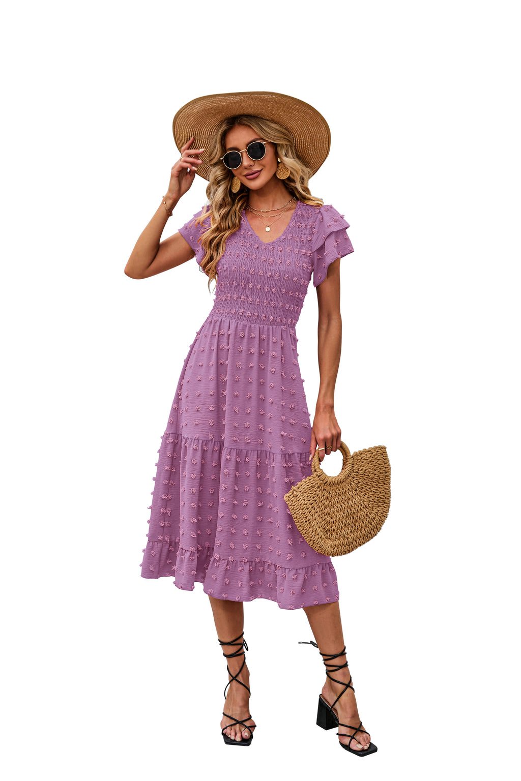 BTFBM Women Casual Summer Dresses Wedding Guest Dress  Ruffles Tiered Sleeves, Smocked,V Neck,Midi,Boho Dress,Floral,Solid,Homecoming,Cocktail,Party,Beach Vacation Clothes