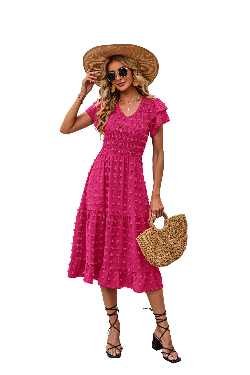 BTFBM Women Casual Summer Dresses Wedding Guest Dress  Ruffles Tiered Sleeves, Smocked,V Neck,Midi,Boho Dress,Floral,Solid,Homecoming,Cocktail,Party,Beach Vacation Clothes