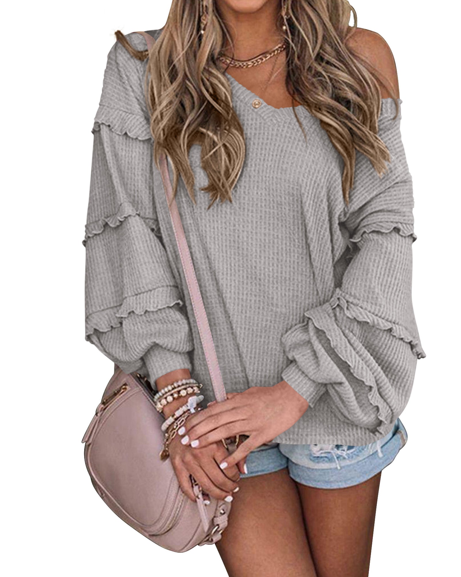 BTFBM Women's V Neck Long Sleeve Blouse Loose Fit Tunics Ruffles Off Shoulder Waffle Knit Solid Color Tops Fall Tee Shirts