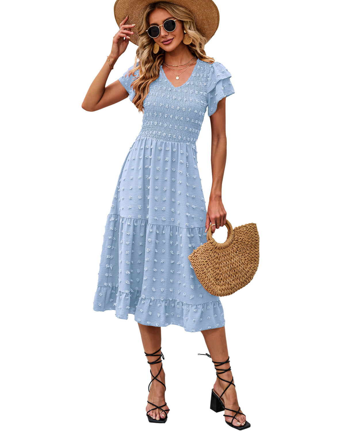 BTFBM Women Casual Summer Dresses Wedding Guest Dress  Ruffles Tiered Sleeves, Smocked,V Neck,Midi,Boho Dress,Floral,Solid,Homecoming,Cocktail,Party,Beach Vacation Clothes