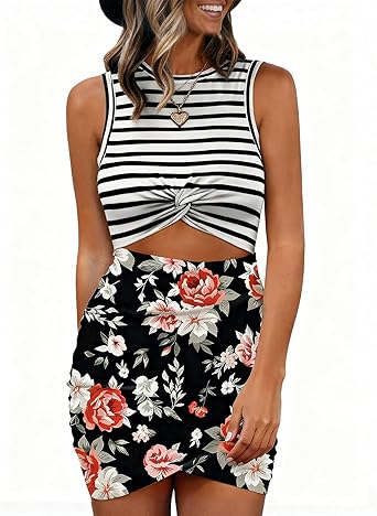 BTFBM Women 2026 Summer Dresses Sleeveless Casual Crewneck Bodycon Cutout Twist Slim Wrap Club Party Beach Mini Dress