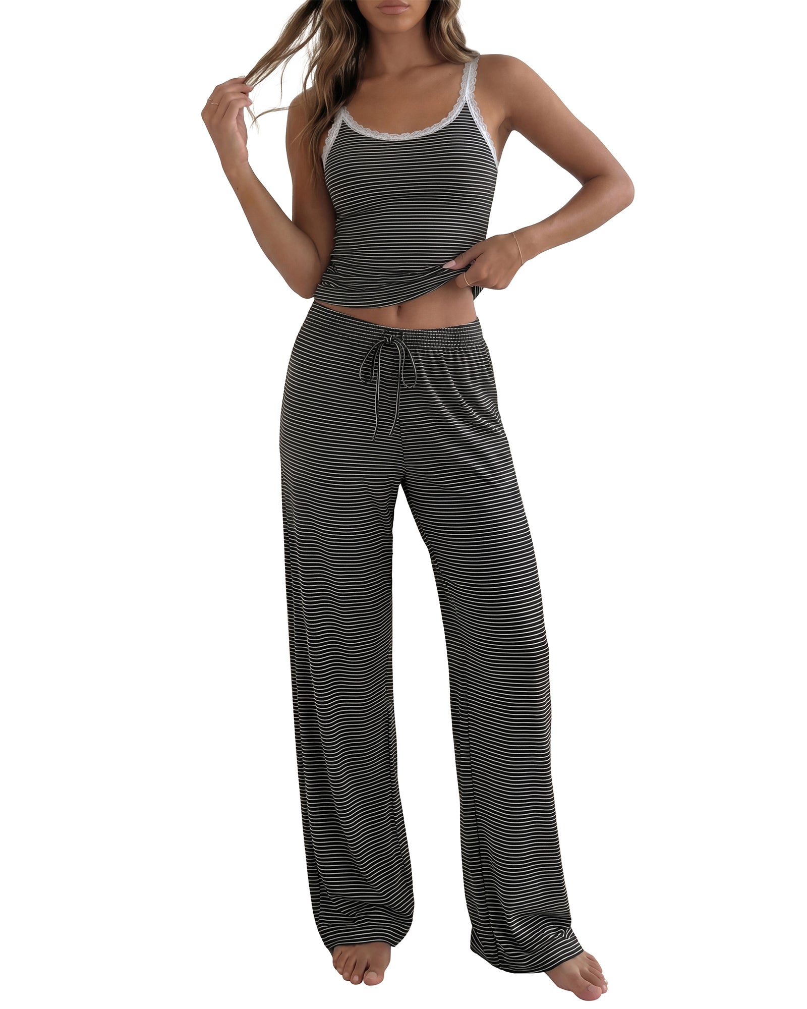 BTFBM Lounge Sets For Women 2026 Striped 2 Piece Sets Spaghetti Strap Summer Tops Wide Leg Pants Beach Vacation Outfits