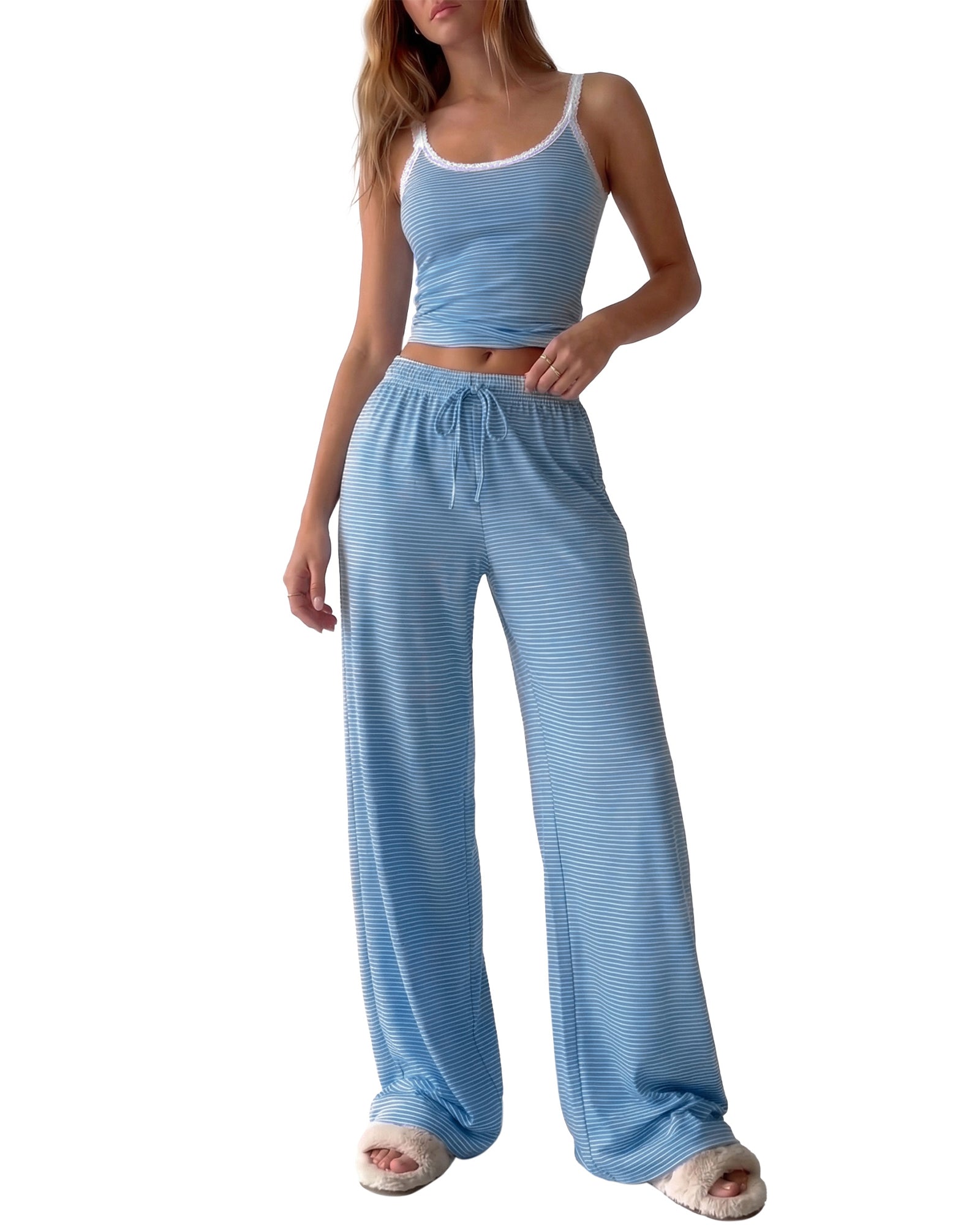 BTFBM Lounge Sets For Women 2026 Striped 2 Piece Sets Spaghetti Strap Summer Tops Wide Leg Pants Beach Vacation Outfits