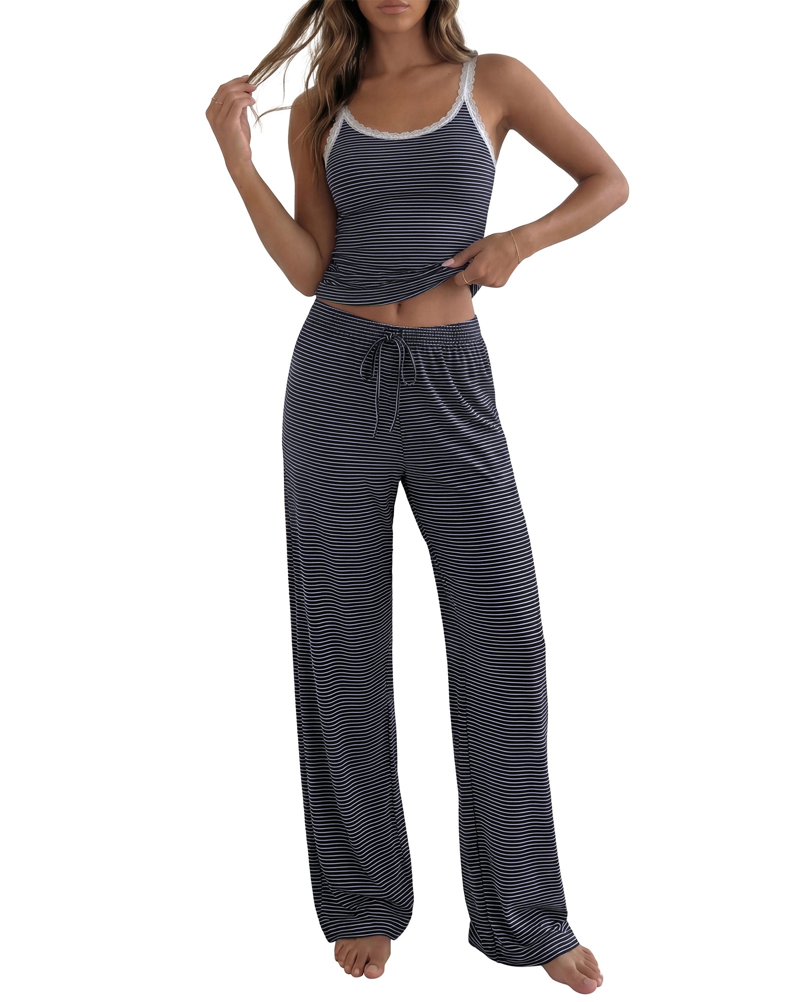 BTFBM Lounge Sets For Women 2026 Striped 2 Piece Sets Spaghetti Strap Summer Tops Wide Leg Pants Beach Vacation Outfits