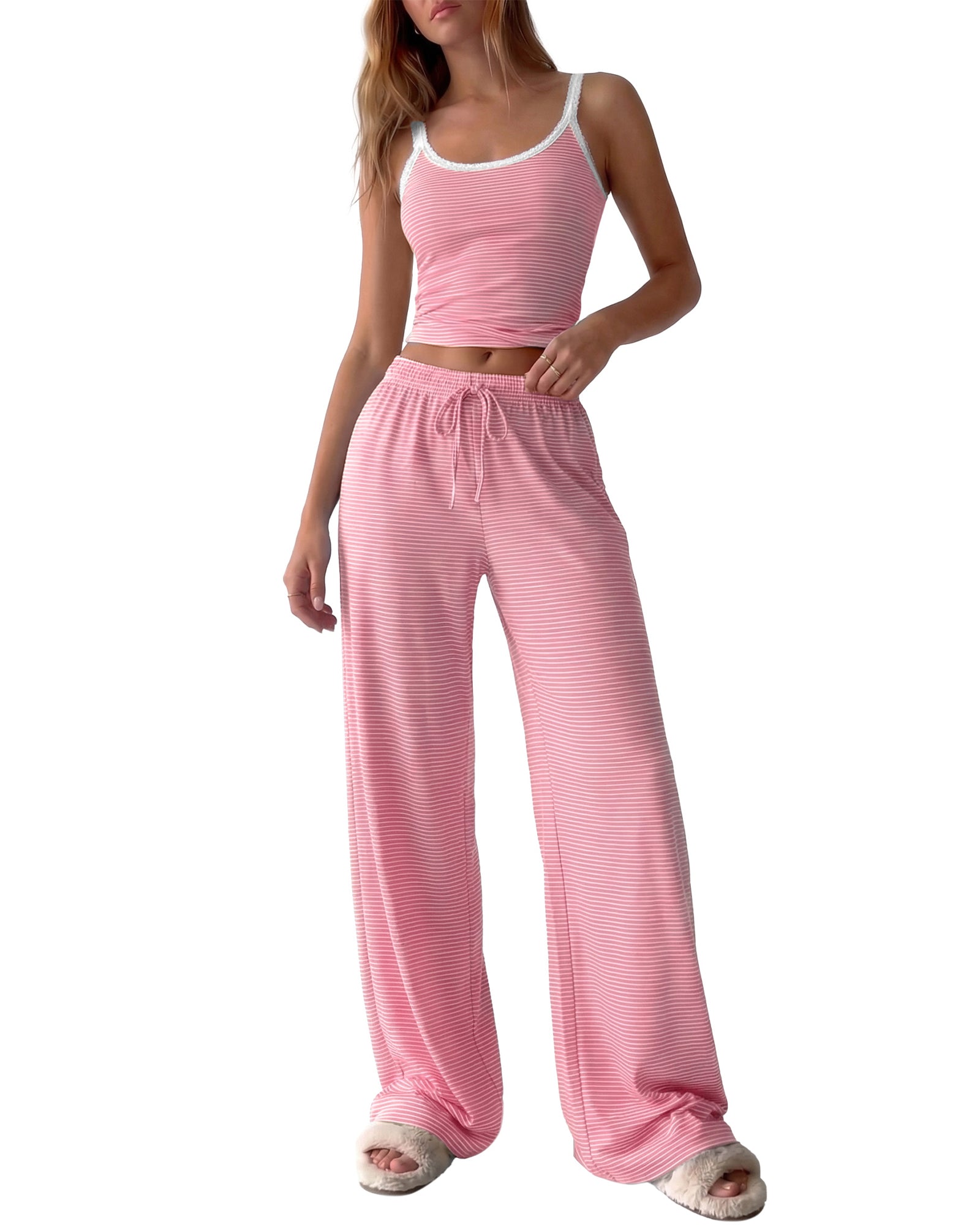 BTFBM Lounge Sets For Women 2026 Striped 2 Piece Sets Spaghetti Strap Summer Tops Wide Leg Pants Beach Vacation Outfits