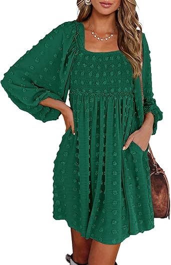 BTFBM Womens Long Sleeve Dress Vacation Square Neck Smocked Floral Swiss Dot Mini Boho Spring Wedding Guest Dresses 2026