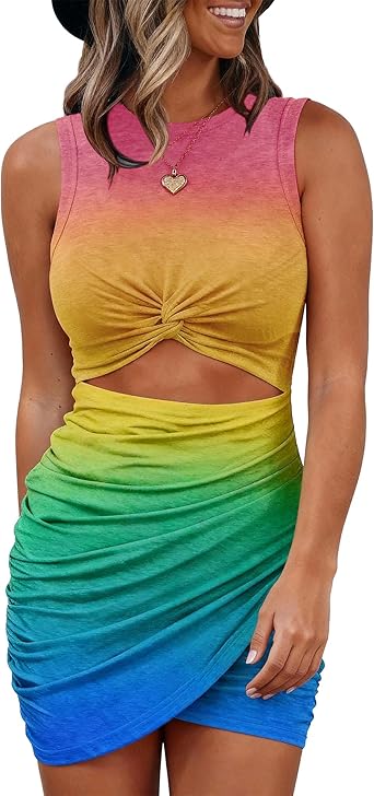 BTFBM Women 2026 Summer Dresses Sleeveless Casual Crewneck Bodycon Cutout Twist Slim Wrap Club Party Beach Mini Dress