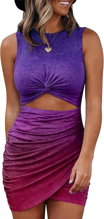 BTFBM Women 2026 Summer Dresses Sleeveless Casual Crewneck Bodycon Cutout Twist Slim Wrap Club Party Beach Mini Dress