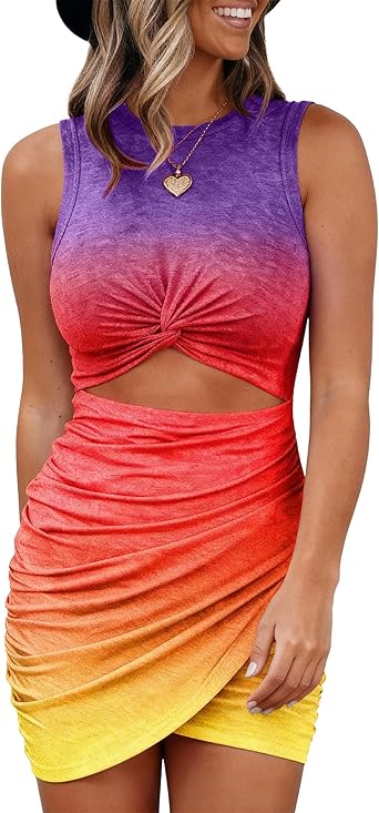 BTFBM Women 2026 Summer Dresses Sleeveless Casual Crewneck Bodycon Cutout Twist Slim Wrap Club Party Beach Mini Dress
