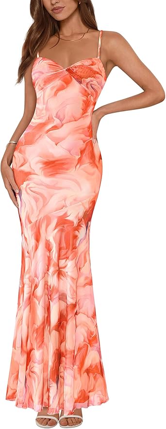 BTFBM Summer Dresses for Women 2026 Spaghetti Straps Sundress Twist Knot Mesh Mermaid Wedding Guest Dress Beach Vacation