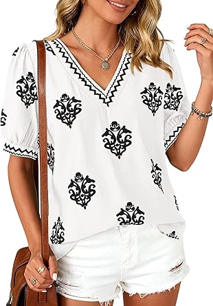 BTFBM Casual Summer Shirts for Women Beach Fashion Going Out Tops Vacation Short Sleeve Floral Boho Blouses Tunics