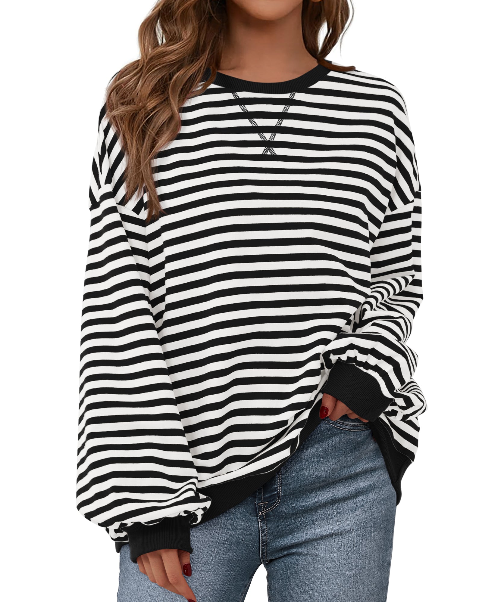 BTFBM Sweatshirt For Women 2026 Summer Crewneck Long Sleeve Oversized Striped Pullover Tops Y2K Clothes Workout Shirt