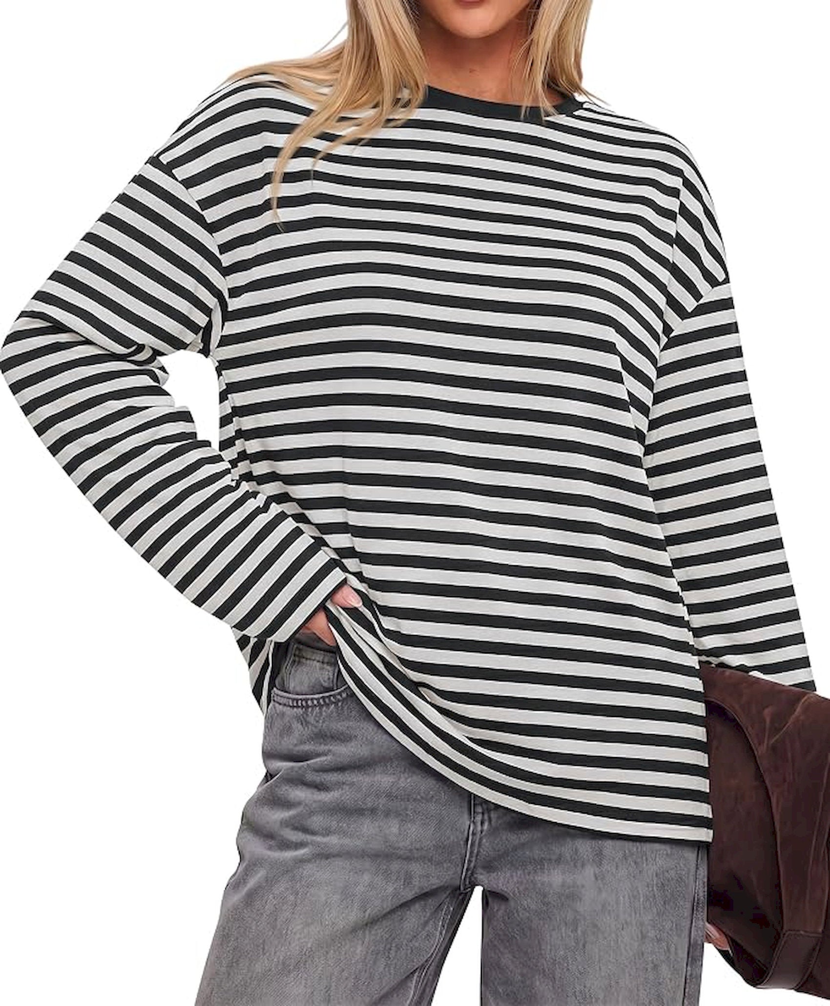 BTFBM Womens Long Sleeve Tops 2026 Fall Fashion | Lightweight, Crew Neck, Oversized Striped Shirt Women, Y2k Clothes, Vacation Travel Outfits, Going Out Top, Winter Layering
