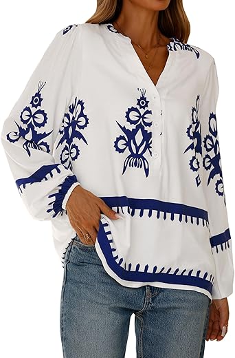 BTFBM Womens Tops Spring Casual Long Sleeve Shirts Button Up V Neck Bohemian Blouses Loose Tunics Vacation Outfits