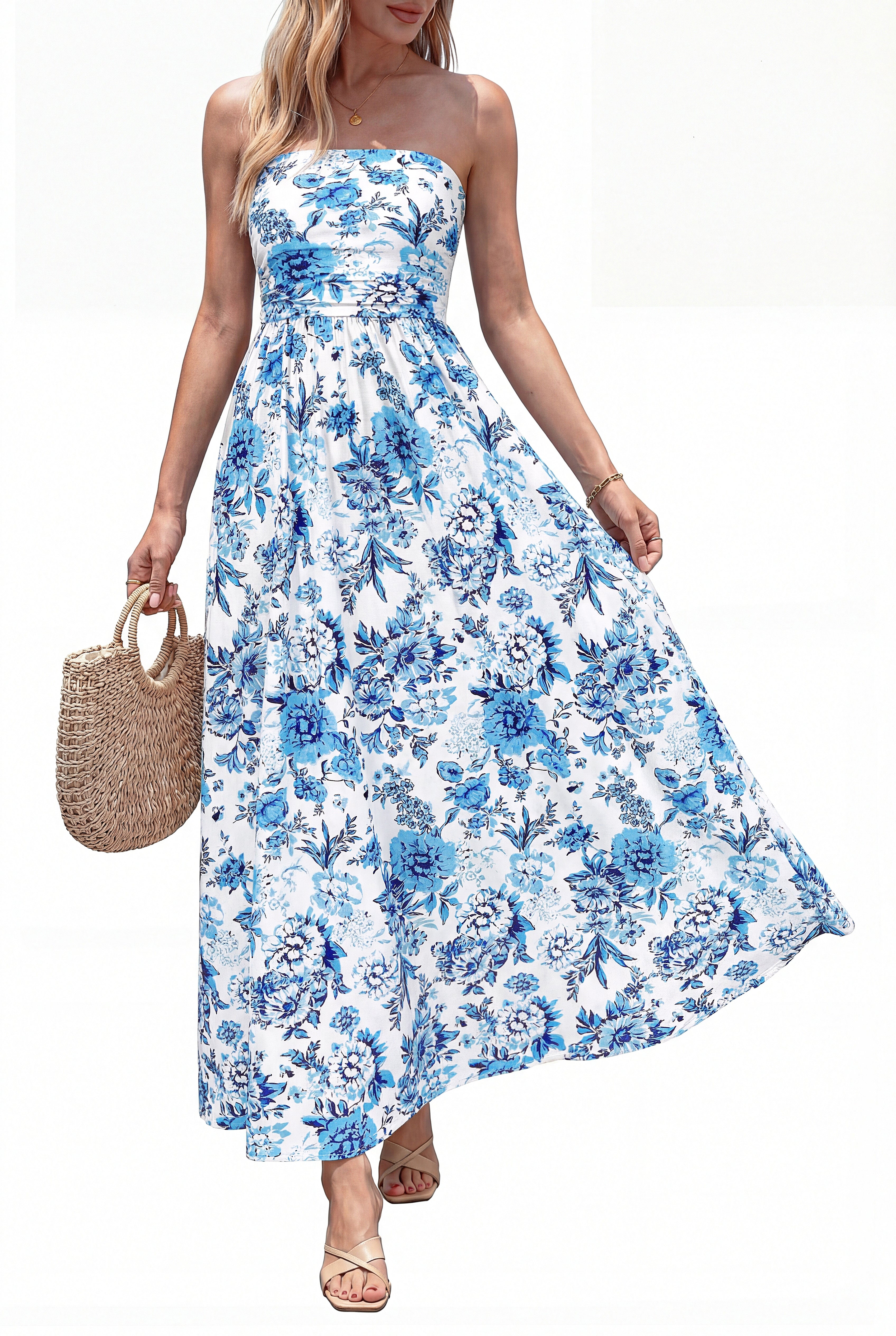 BTFBM Womens Summer Dresses 2026 Strapless Tube Top Elastic Waist Floral Beach Vacation Outfits Boho Maxi Dress Pockets