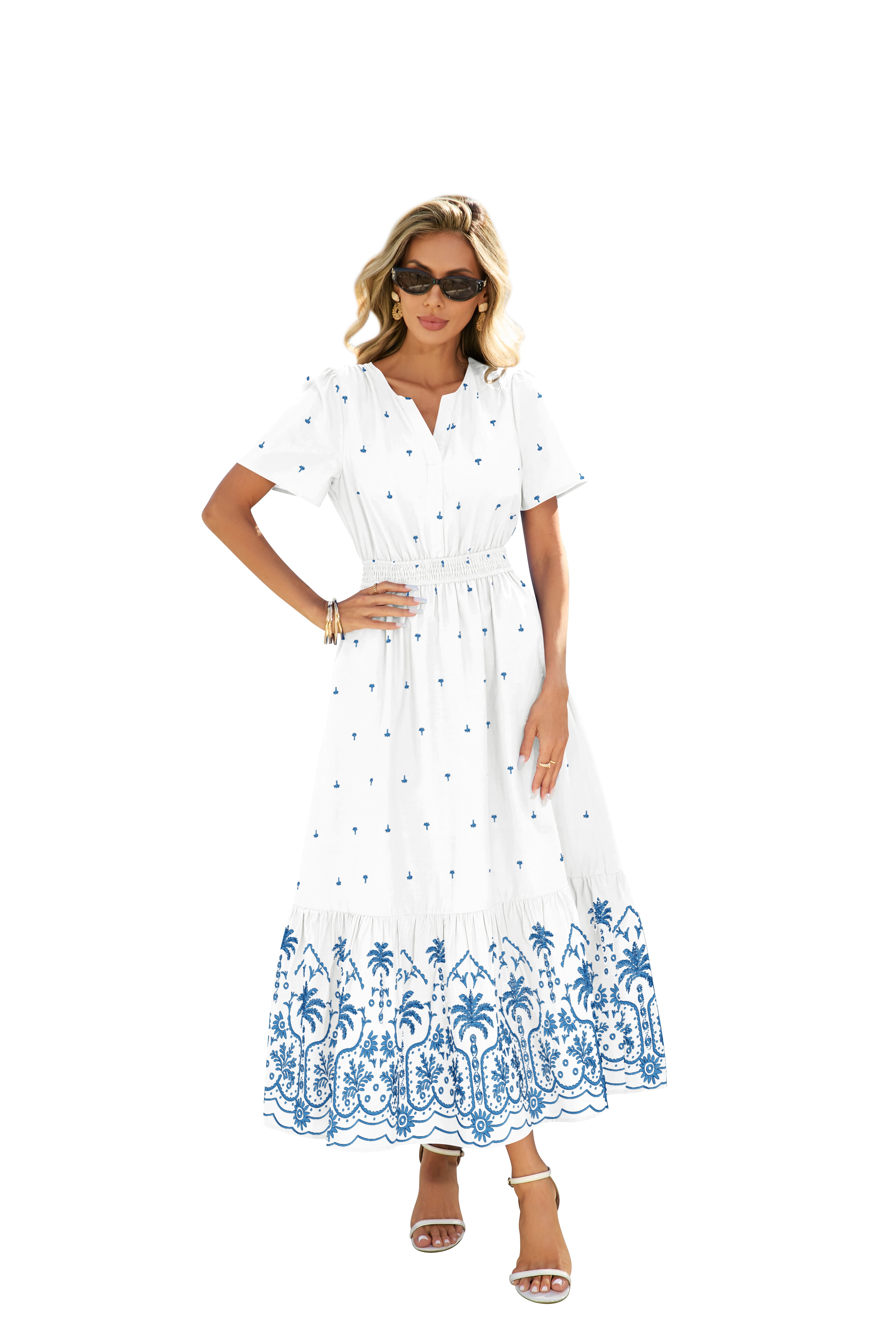 BTFBM Womens Summer Dresses 2026 Casual Short Sleeve Elastic Waist Flowy Beach Vacation Floral Boho Maxi Dress Pockets