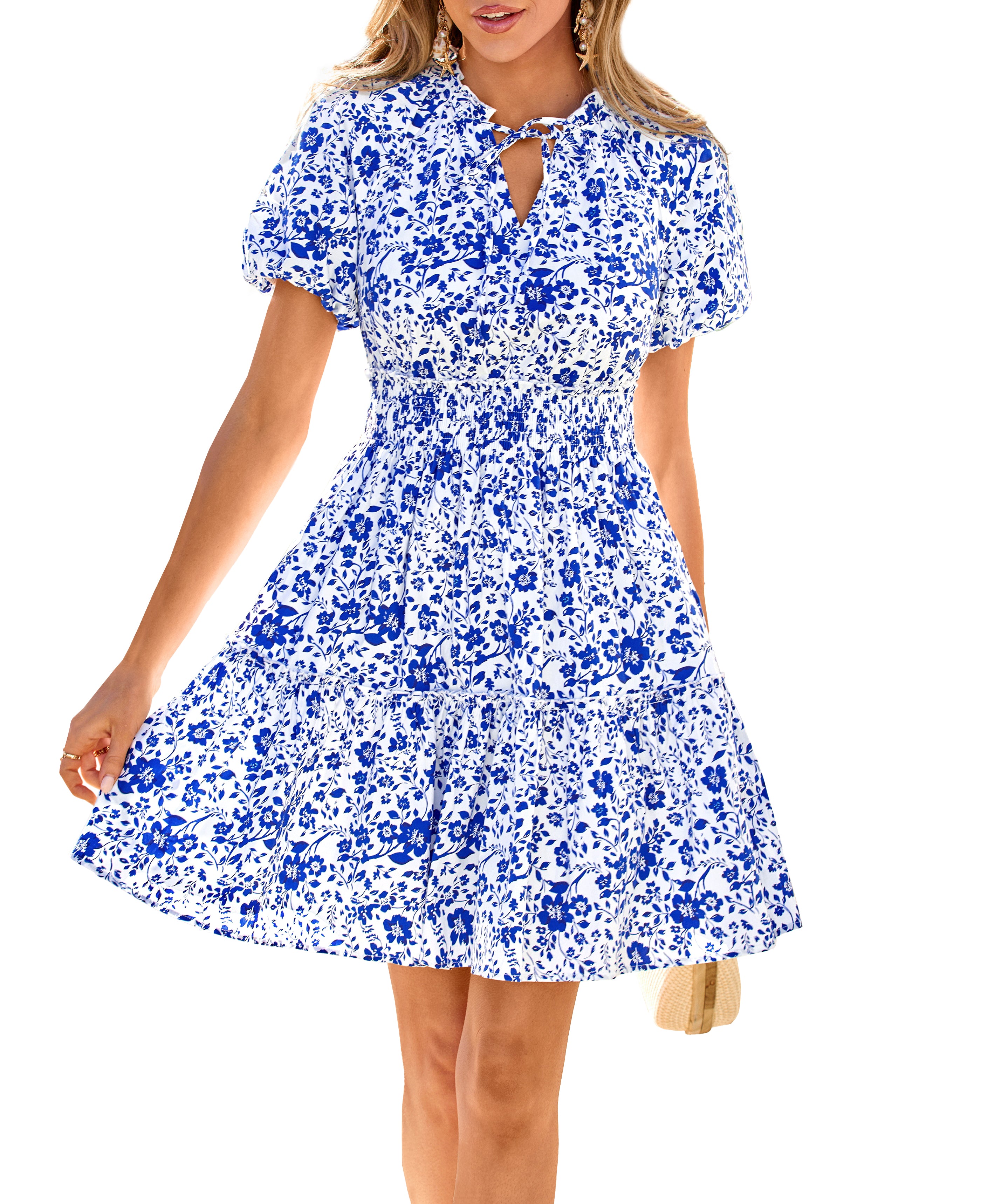 BTFBM Summer Dresses for Women 2026 Ruffle Short Sleeve Elastic Waist Tiered Floral Mini Dress Beach Vacation Sundresses