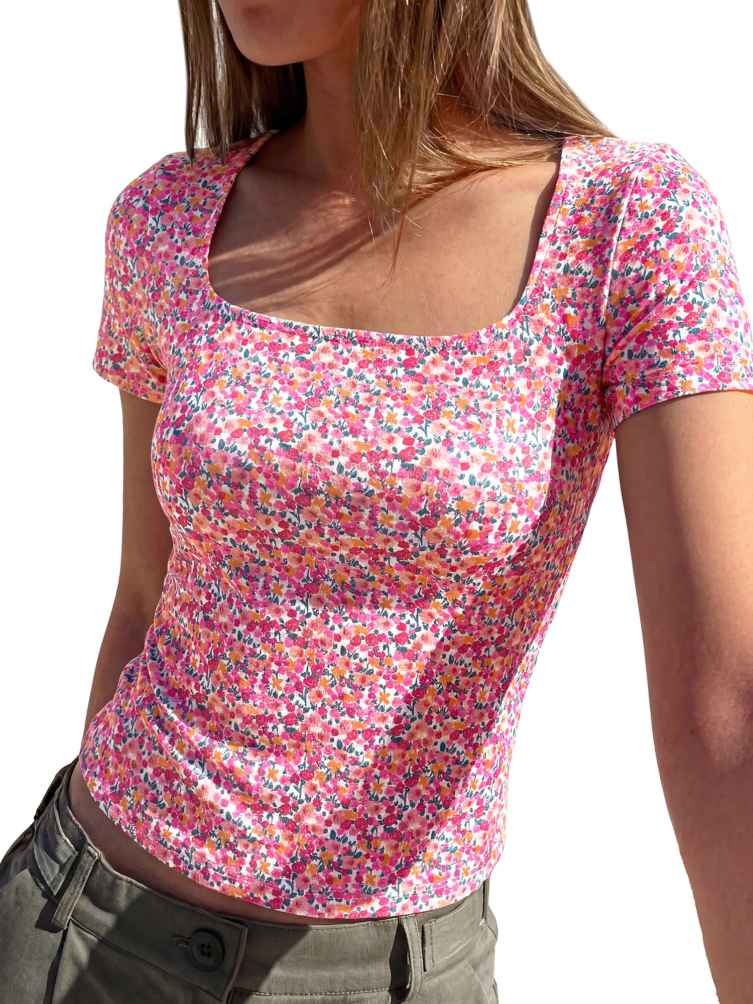 BTFBM Floral Square Neck Tops for Women 2026 Trendy Summer Outfits Short Sleeve Shirts Boho Top Beach Vacation Clothes