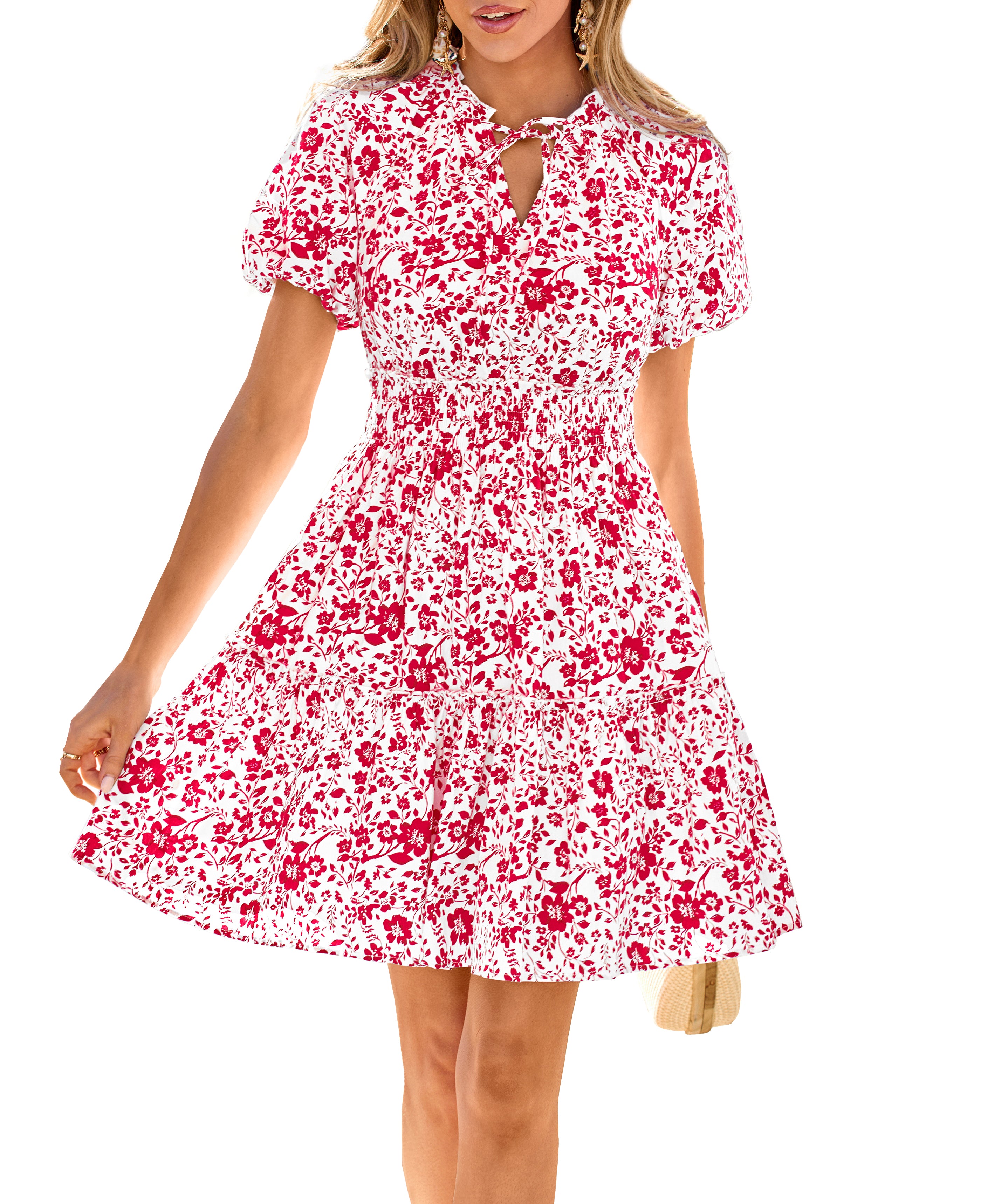 BTFBM Summer Dresses for Women 2026 Ruffle Short Sleeve Elastic Waist Tiered Floral Mini Dress Beach Vacation Sundresses