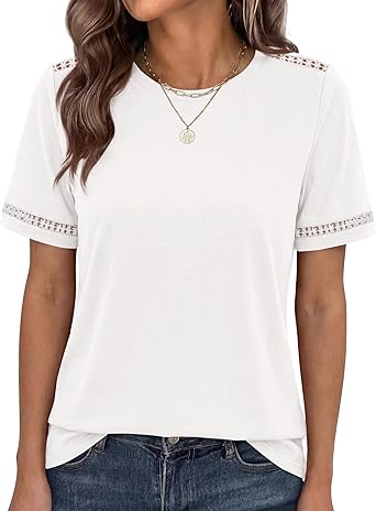 BTFBM Womens Summer Tops Lace Short Sleeve Shirts 2026 Spring Casual Loose Crew Neck Cotton Knit Cute Business Blouses