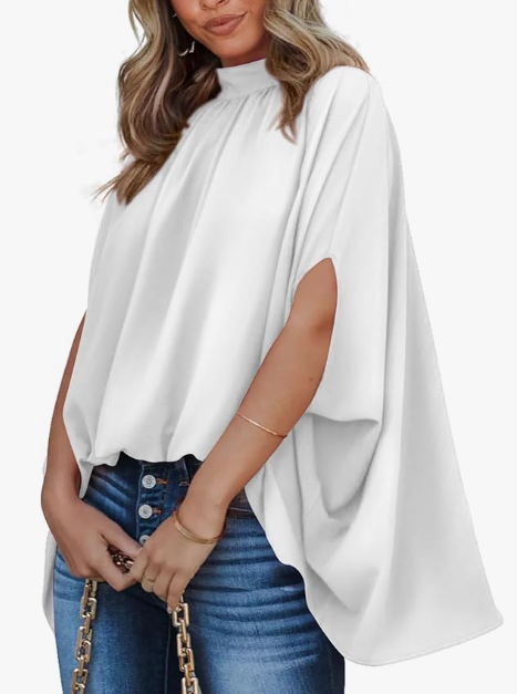 BTFBM Womens Summer Tops 2026 Mock Neck Batwing Sleeve Silk Satin Shirts Loose Oversized Dressy Casual Spring Blouses