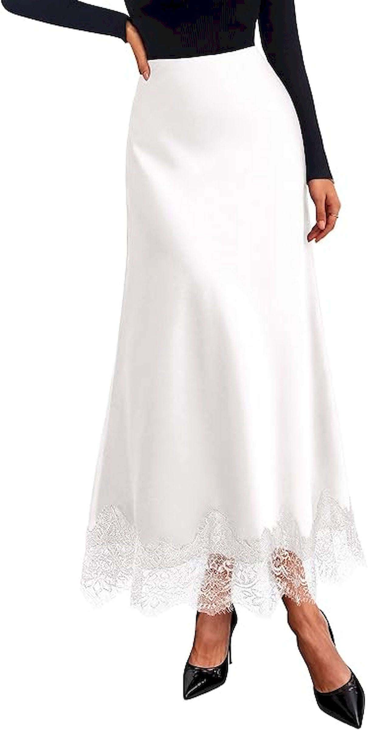BTFBM Lace Trim Satin Skirts for Women Elegant | High Waisted,Maxi Skirt,Cocktail Party Wedding Guest,Summer Fall Outfits