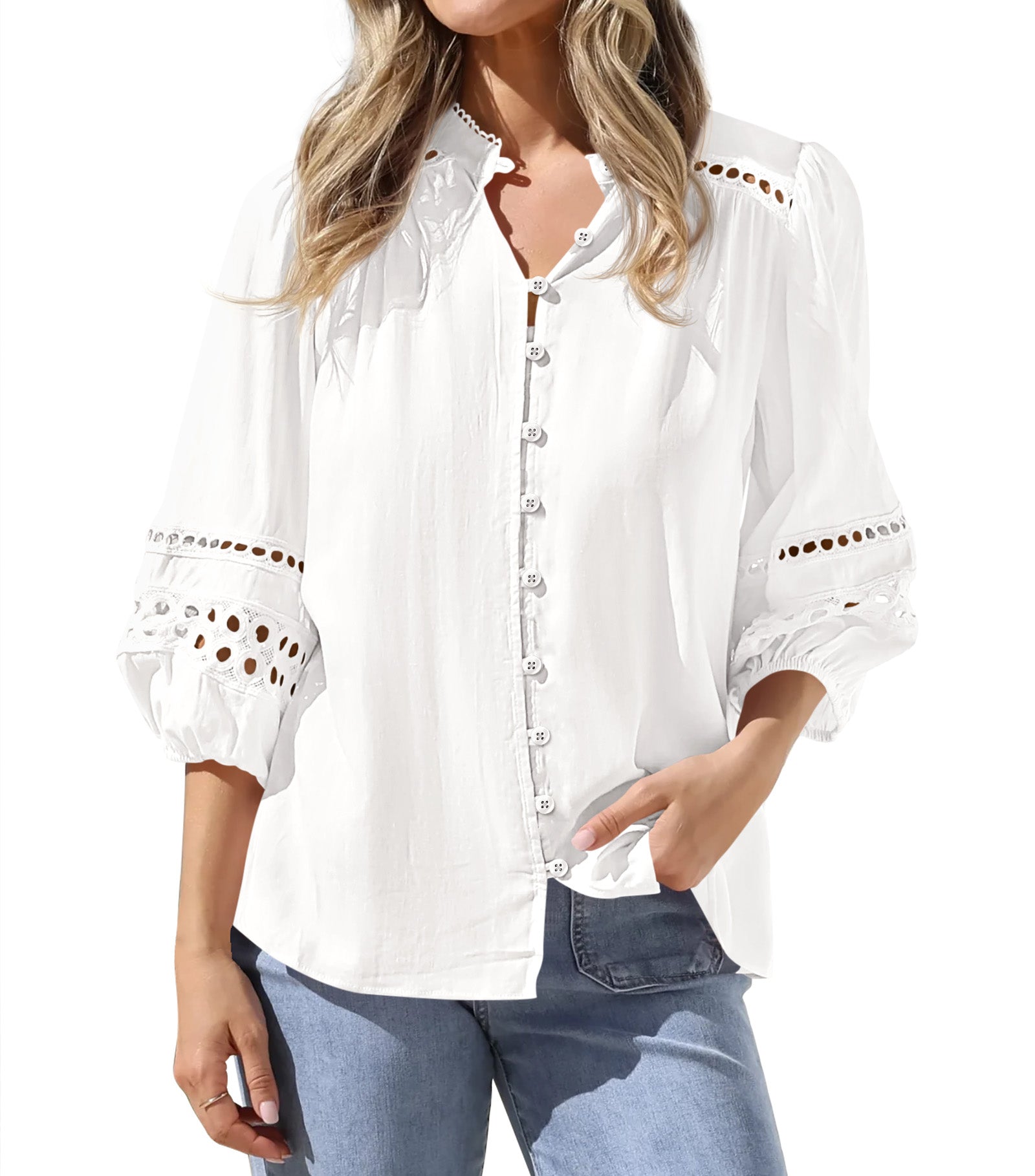 BTFBM 3/4 Length Sleeve Womens Tops Summer Blouses Eyelet Hollow Out Button Down Shirts Business Casual Outfits 2026