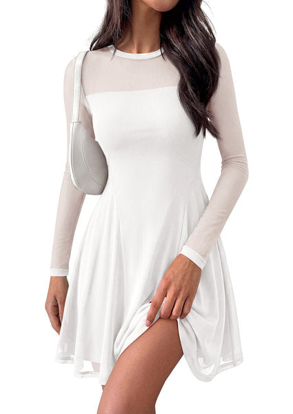 BTFBM Women’s Mini Dress Sheer Mesh Long Sleeve Flowy A Line Casual Cocktail Party Going Out Dresses 2026 Fall Fashion