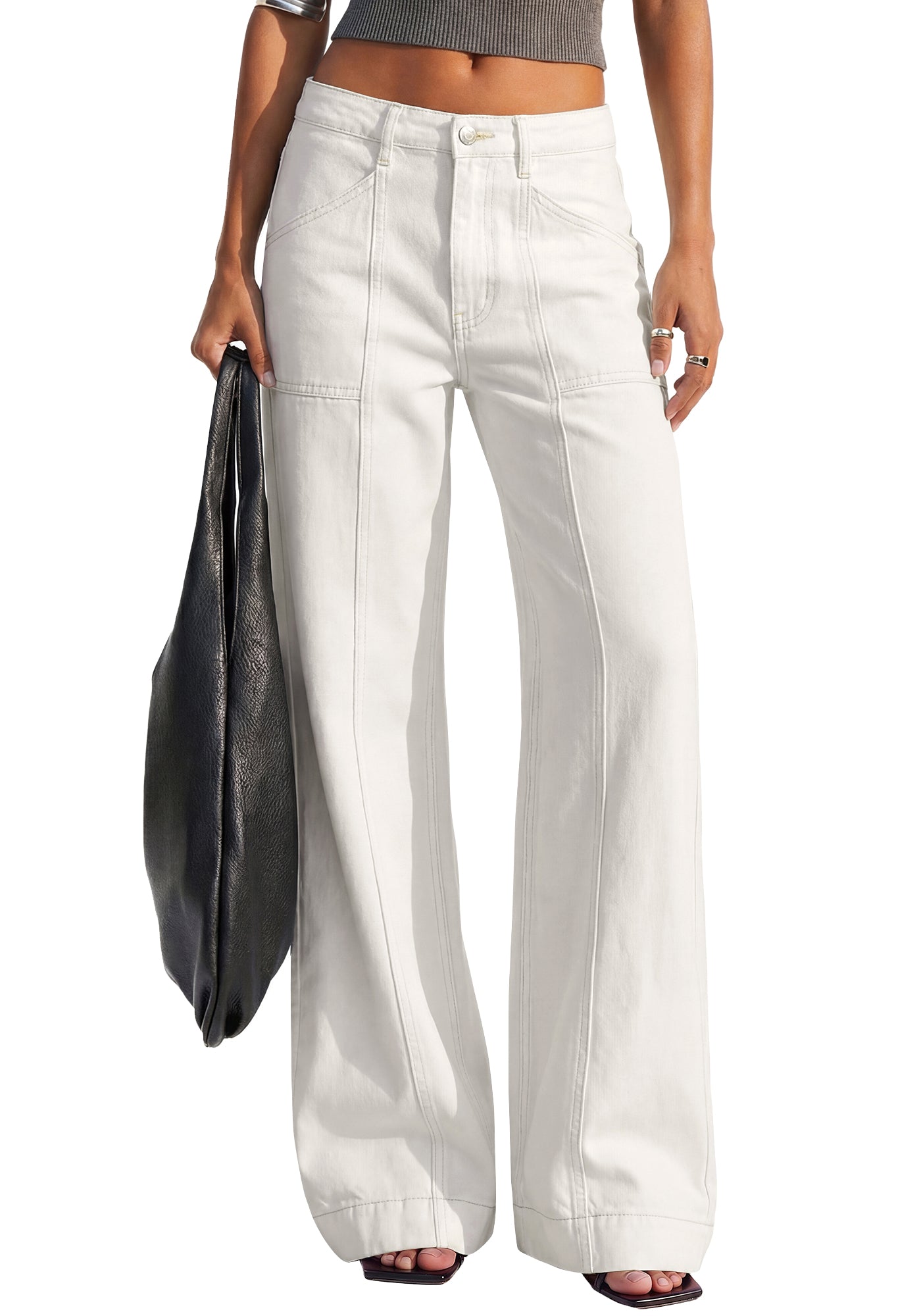 BTFBM Women's Wide Leg Jeans High Waisted Stretchy Straight Leg Baggy Jeans Trendy Front Seam Loose Denim Pants Pockets