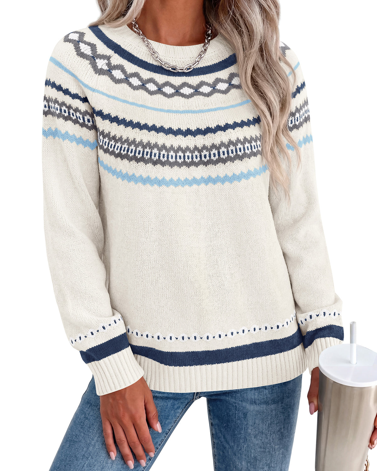 BTFBM Womens Sweaters Fall 2026 Casual Long Sleeve Sweater | Fair Isle,Stretchy,Lightweight, Crew Neck, Ribbed Hem,Long Sleeve Knit Pullover, Chunky Sweaters, Loose Tops, Fashion Clothes