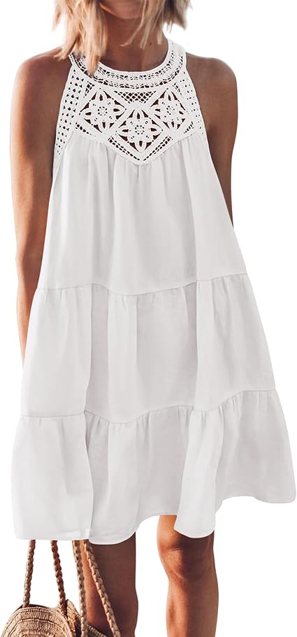 BTFBM Summer Dress for Women 2026 Spring Boho Fashion Halter Neck Sleeveless Loose A-Line Mini Beach Vacation Sundress