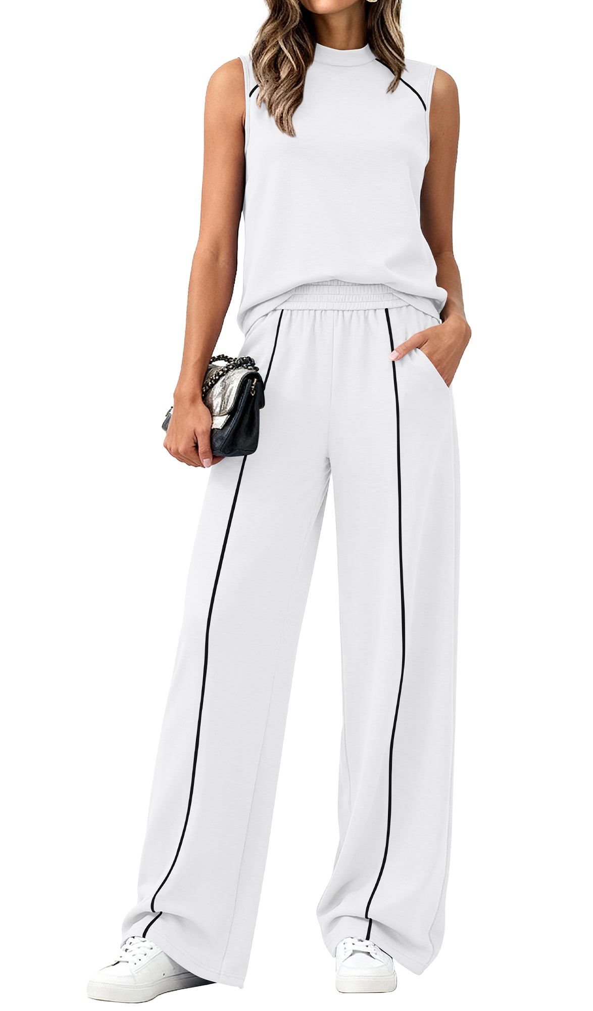 BTFBM Two Piece Sets for Women Summer Outfits 2026 Lounge Sets Mock Neck Tops Wide Leg Pants Travel Fashion Clothing