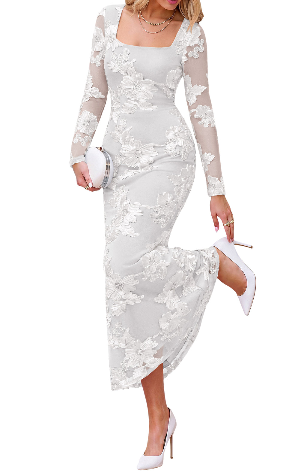 BTFBM Womens Long Sleeve Bodycon Floral Mesh Maxi Fall Wedding Guest Dress