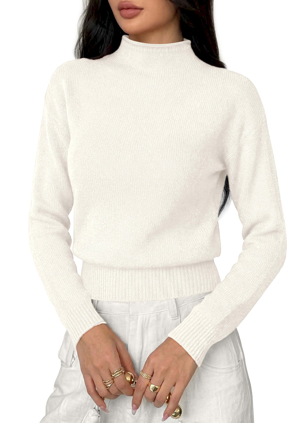 BTFBM Women’s Long Sleeve Sweaters Mock Neck Business Casual Lightweight Sweater Tops 2026 Fall Fashion Clothing