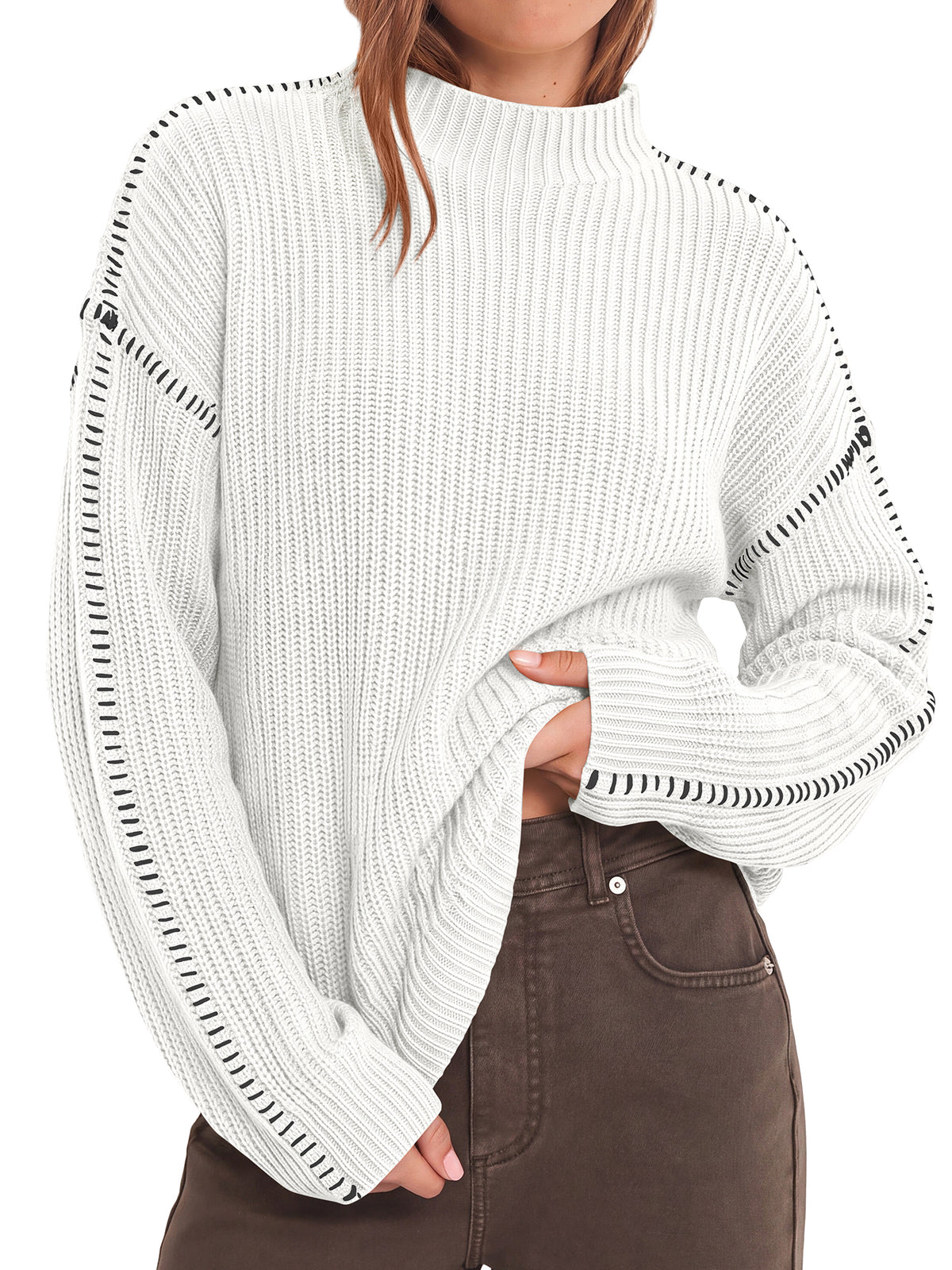BTFBM Womens Oversized Sweaters Contrast Chunky Knit Sweater  Loose Fit Mock Neck Long Sleeve Tops, Soft Cozy Knitwear, Fall Fashion 2026, Casual Winter Clothing, Daily Going Out Outfits