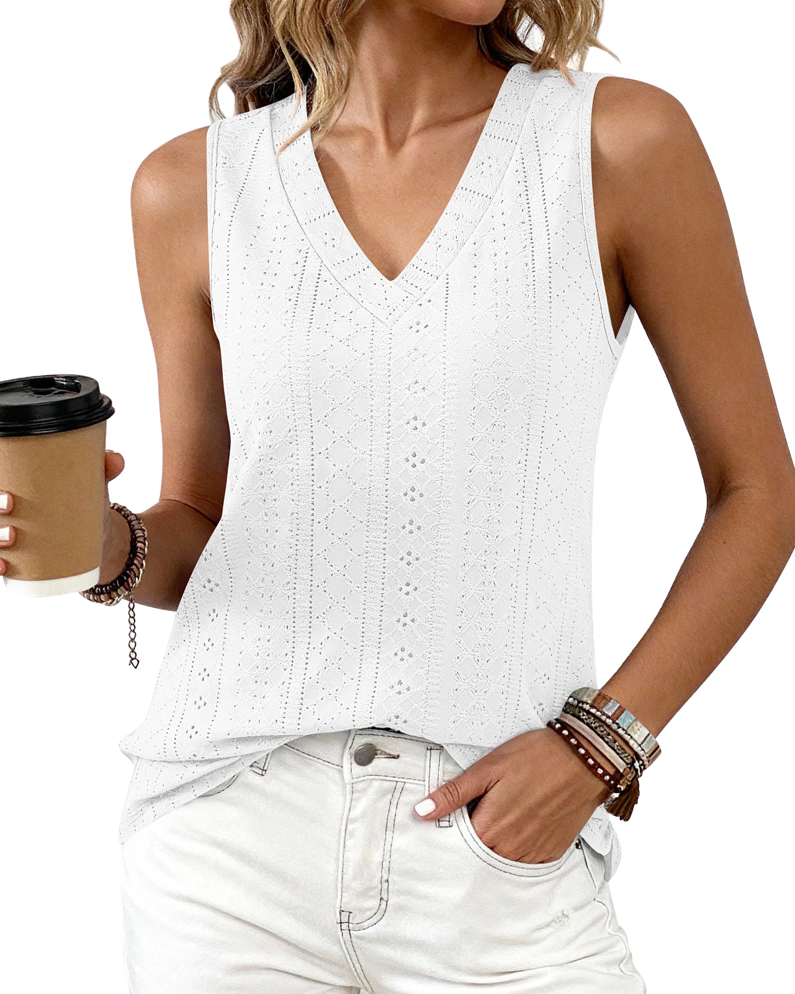BTFBM Womens Tank Tops 2026 Summer Eyelet Crossed V Neck Sleeveless Casual Loose Fit Basic Spring Top Vacation Outfits