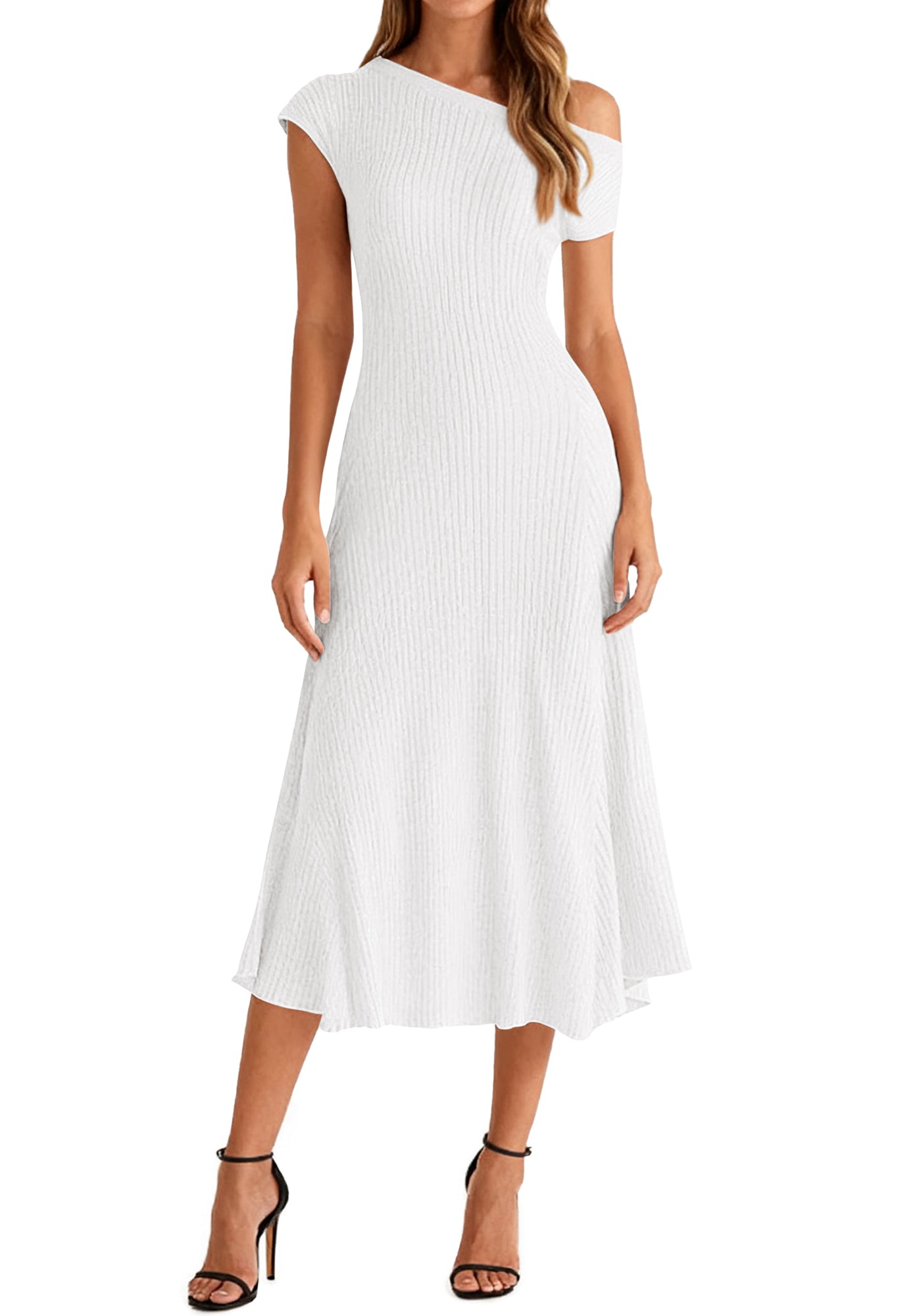 BTFBM Womens Spring Dresses 2026 Asymmetrical Neck Short Sleeve Pleated Swing Knit Midi Dress Business Casual