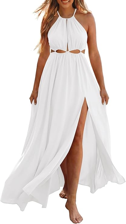 BTFBM Women Halter Summer Dresses 2026 Sleeveless Cutout Backless Sundress Slit Boho Maxi Beach Wedding Guest Dress