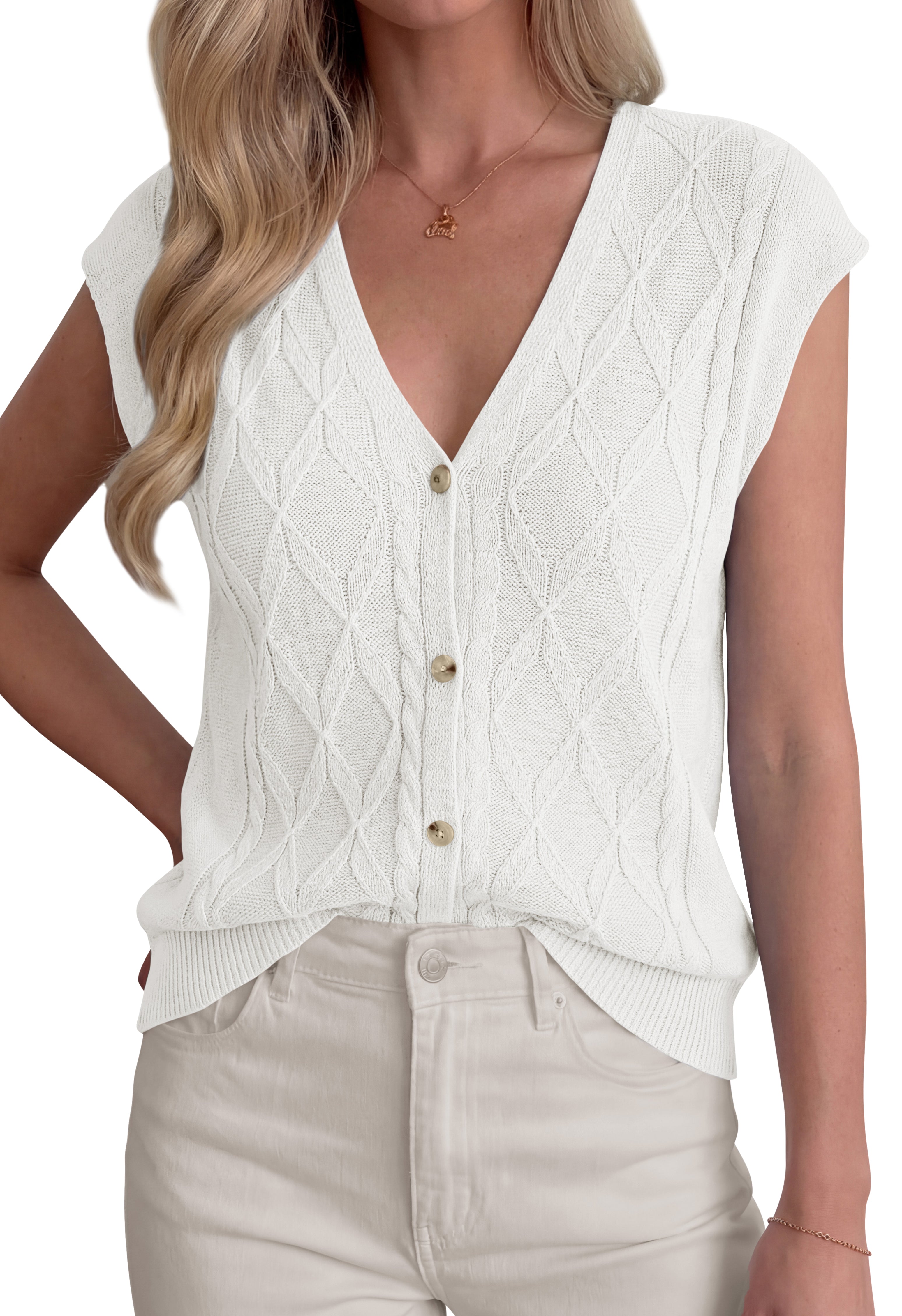 BTFBM Sweater Vest Women V Neck Cap Sleeve Button Down Knit Tops Spring Summer 2026 Casual Lightweight Cardigan Vests
