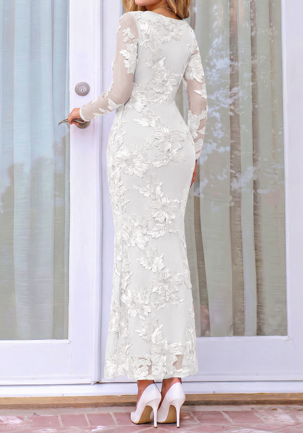 BTFBM Womens Long Sleeve Bodycon Floral Mesh Maxi Fall Wedding Guest Dress