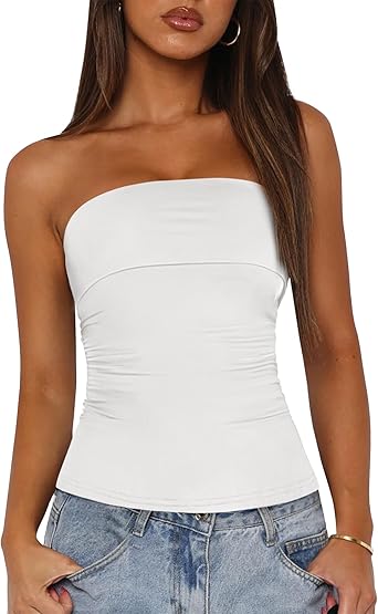 BTFBM Womens Strapless Tube Tops Spring Summer Clothes 2026 Trendy Casual Ruched Stretchy Going Out Bodycon Bandeau Top