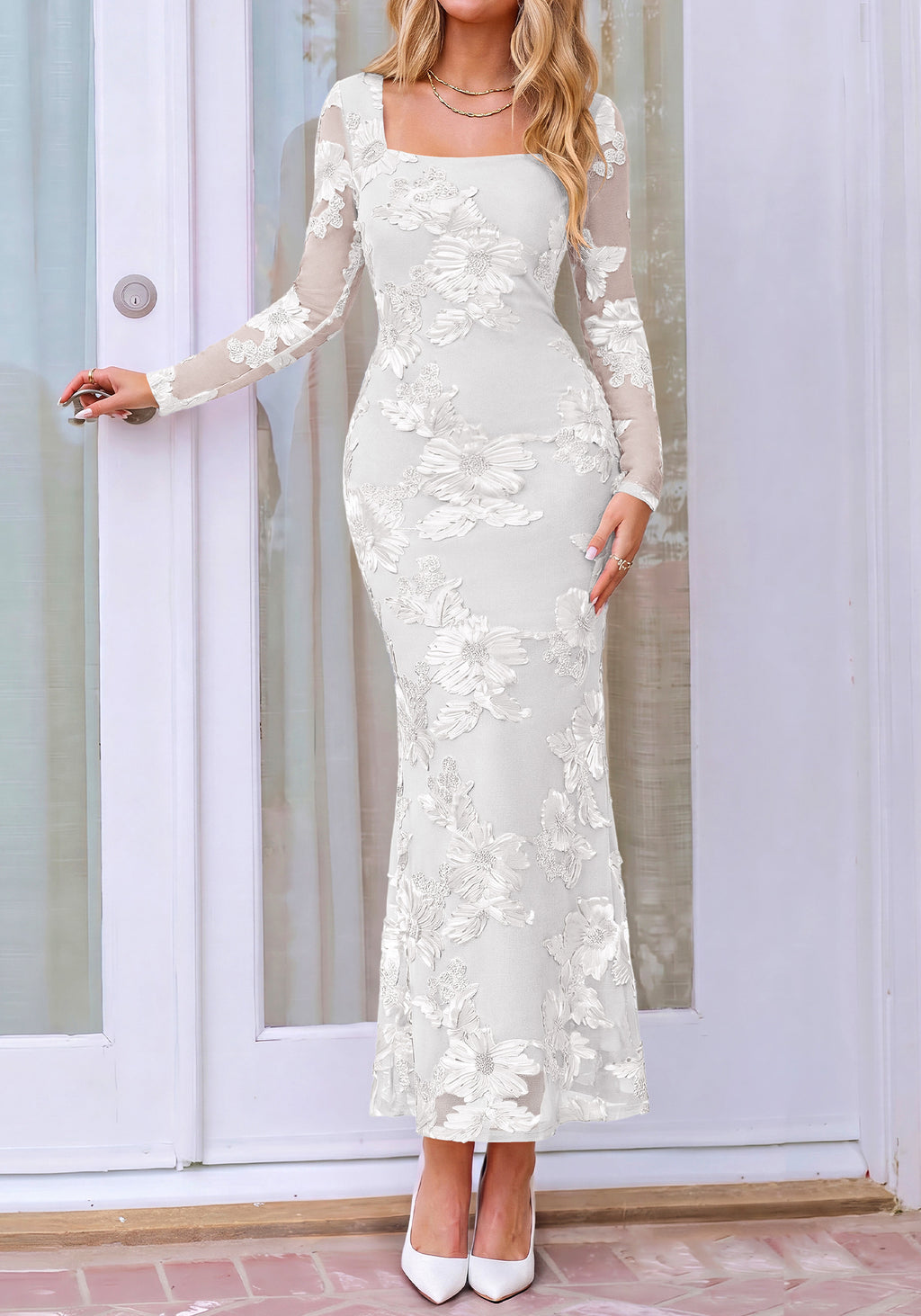 BTFBM Womens Long Sleeve Bodycon Floral Mesh Maxi Fall Wedding Guest Dress