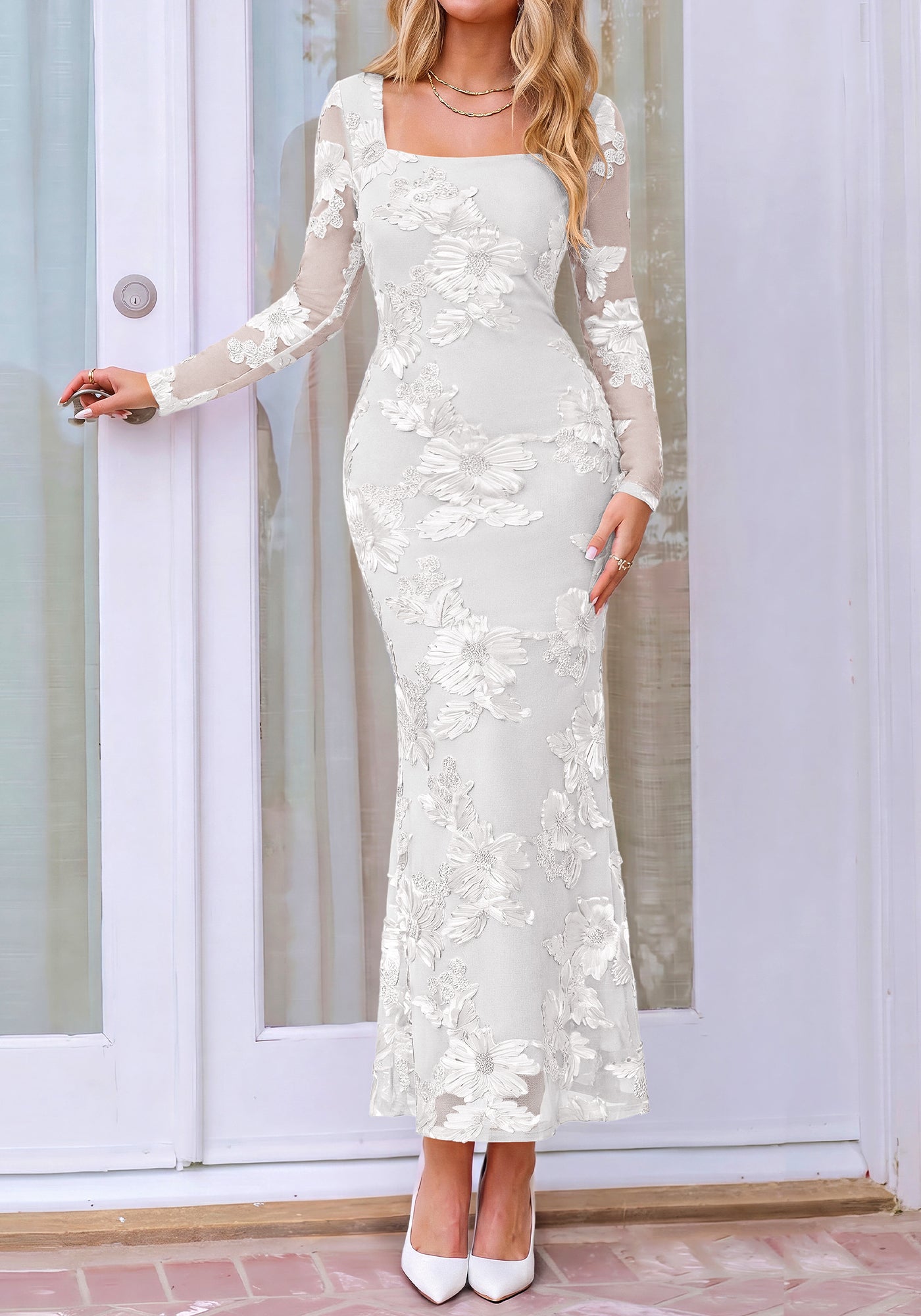 BTFBM Womens Long Sleeve Bodycon Floral Mesh Maxi Fall Wedding Guest Dress