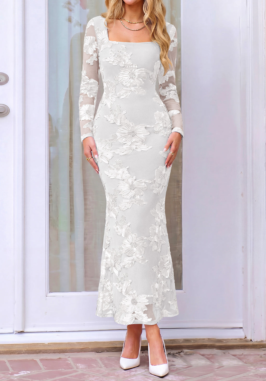 BTFBM Womens Long Sleeve Bodycon Floral Mesh Maxi Fall Wedding Guest Dress