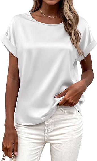 BTFBM Womens Summer Tops 2026 Satin Silk Crewneck Short Sleeve Shirts Work Business Outfits Spring Blouses Dressy Casual